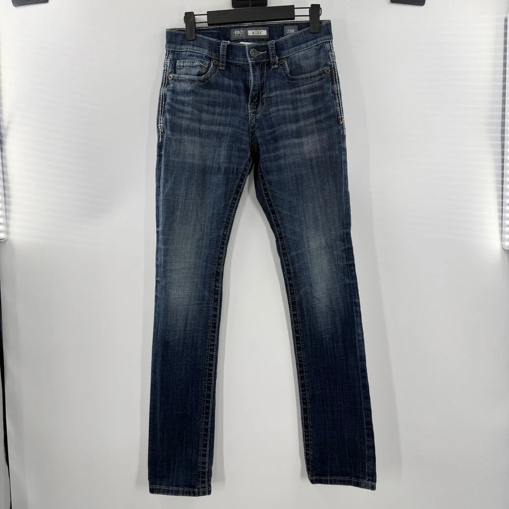 BKE Alec Straight Leg Jeans Mens 28R Dark Wash Denim Contrast Stitch Stretch